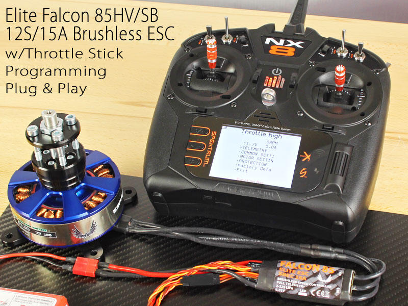 Elite Falcon 85HV/SB 12S/15A Brushless ESC w/Telemetry, Prop Positioning, Freewheeling, Battery Backup (Spektrum SRXL2)