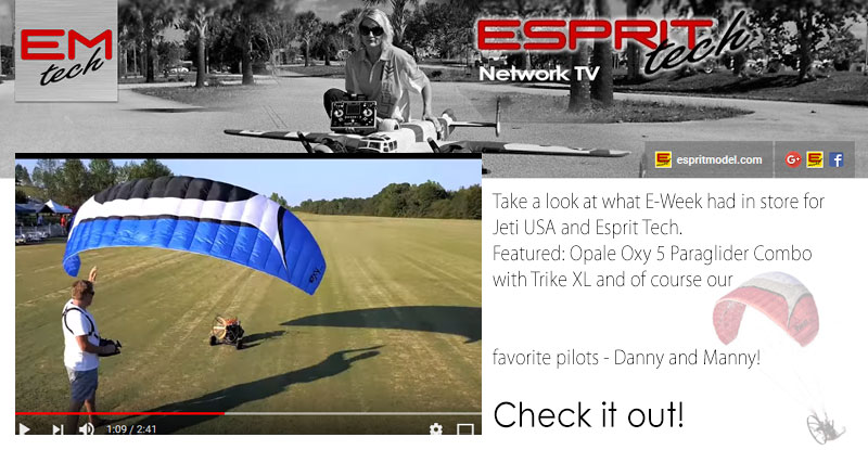 Take a look at what E-Week had in store for Jeti USA and Esprit Tech. Featured: Opale Oxy 5 Paraglider Combo with Trike XL and of course our favorite pilots - Danny and Manny!