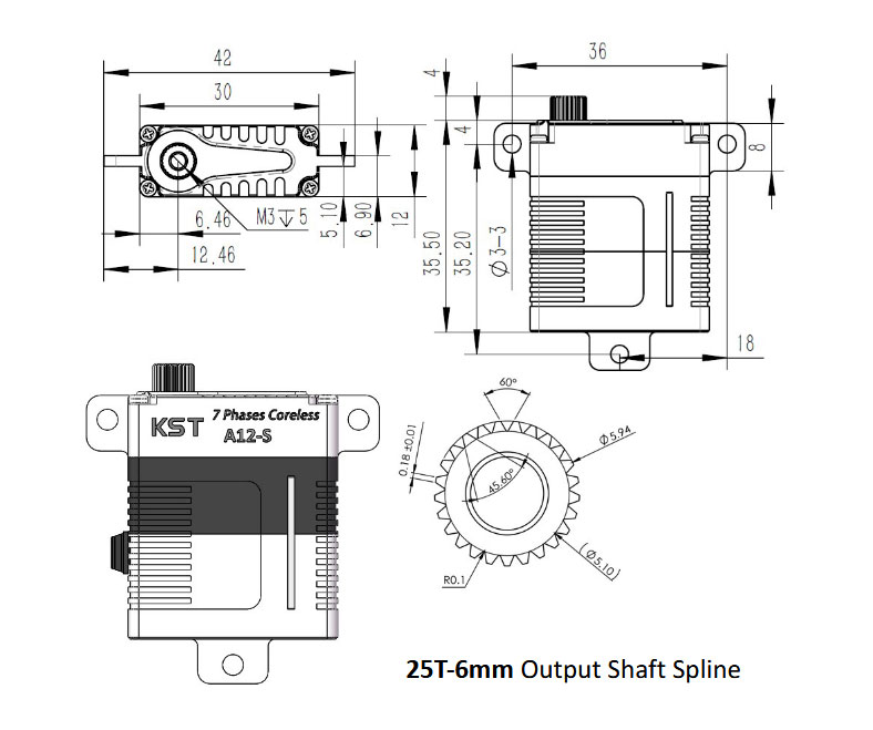 KST A12-S Hall Sensor Coreless High Torque Thin Wing Digital Servo (12mm)