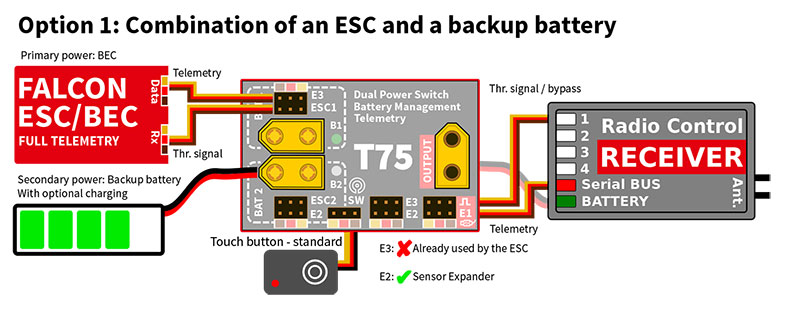Elite Electronic Dual Power Redundant Switch w/Backup Battery Management & Telemetry Voltario T60 ESC (Jeti EX, Graupner HoTT, Futaba S.Bus2)