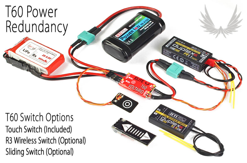 Elite Electronic Dual Power Redundant Switch w/Backup Battery Management & Telemetry Voltario T60 ESC (Jeti EX, Graupner HoTT, Futaba S.Bus2)